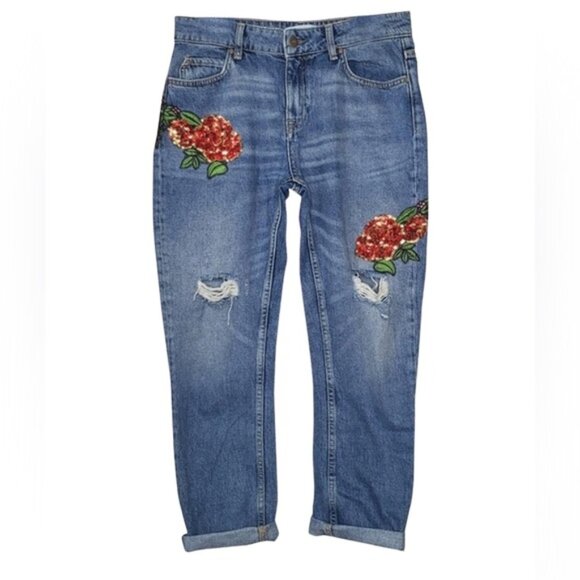 Zara Boyfriend Floral Embroidered Sequins High Rise Jeans Distressed  Roses 2 - Picture 1 of 15